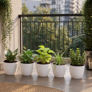 Set of 5 Indoor Plant Combo | Dwarf Snake Plant, Peace Lily, Golden Money Plant, Spider Plant & Jade Plant – In 4 Inch White Orchid Plastic Pot