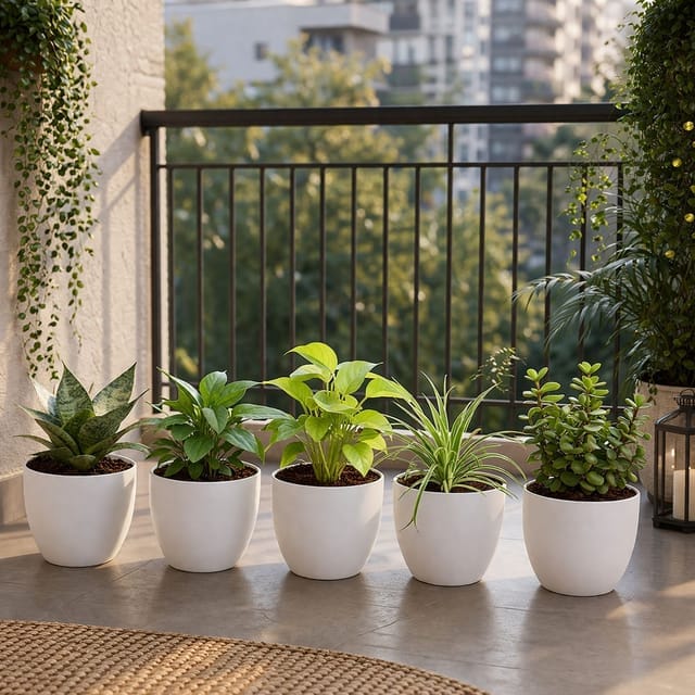Set of 5 Indoor Plant Combo | Dwarf Snake Plant, Peace Lily, Golden Money Plant, Spider Plant & Jade Plant - In 4 Inch White Orchid Plastic Pot